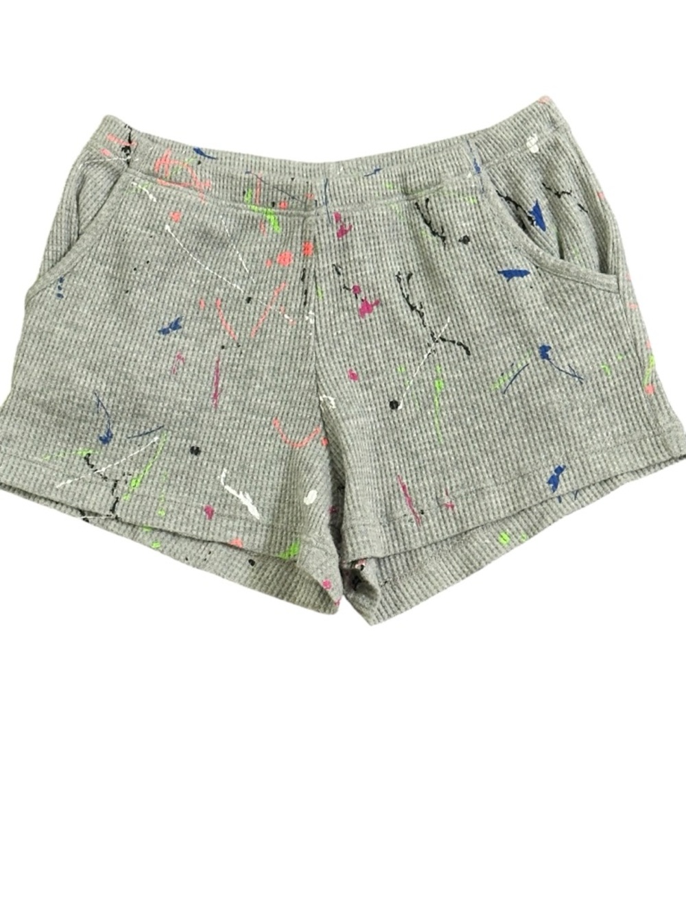 FLOWERS BY ZOE Neon Paint-Splatter Ribbed Waffle-Knit Gray Shorts - Girls Medium